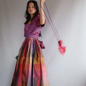 100% Silk Taffeta Rainbow German Peasant Milkmaid Dress With Puff Sleeves