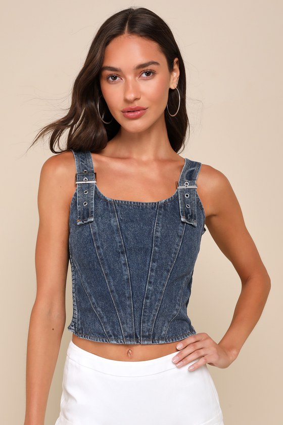 Popular Icon Dark Wash Denim Bustier Crop Top