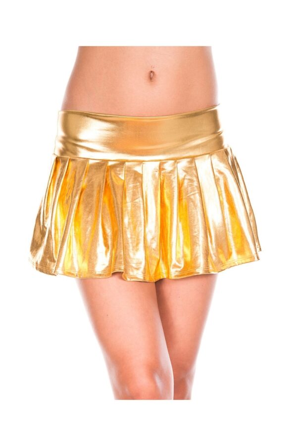 179-GOLD Wet Look Pleated Skirt, Gold