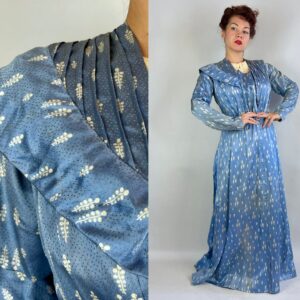 1800S Beauty in Blue Dress Ensemble | Antique Victorian Two Piece Sky Silk W/White Bubble Vines Print Lightly Boned Bodice & Skirt Medium