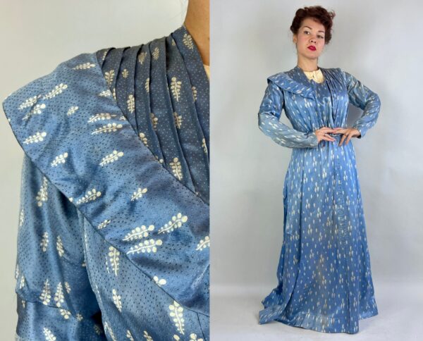 1800S Beauty in Blue Dress Ensemble | Antique Victorian Two Piece Sky Silk W/White Bubble Vines Print Lightly Boned Bodice & Skirt Medium