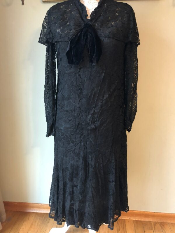 1920 1930S Antique Vintage Black Lace Drop Waist Dress Long Sleeves Flapper Gatsby Downton Abby Theater Costume Cosplay Small Medium