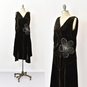 1920S Dark Brown Velvet Rhinestoned Flower Flapper Dress