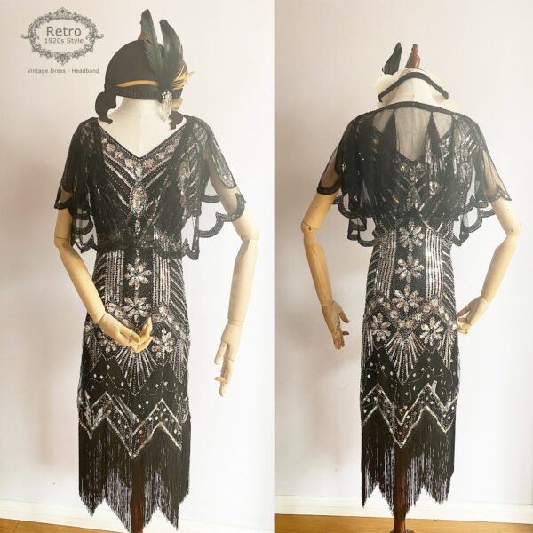 1920S Vintage Gatsby Sequinned-Overlay Beaded Scalloped Sleeve Flapper Fringed Dress Capelet Gown S - 4xl | 1 + Cape Headband