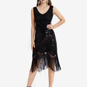 1920s Fashion Style Outfits Flapper Dress Green Fringe Sequins Great Gatsby V Neck Costume Retro 20s Party Dress