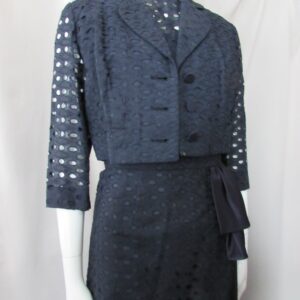 1950 Era Navy Eyelet Sheath Matching Jacket Jack Stern Original Sleeveless Three Quarter Sleeves Slim Skirt Satin Side Panel