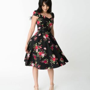 1950S Style Black Floral Cap Sleeve Royal Ballet Swing Dress