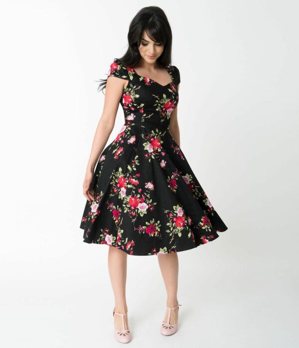 1950S Style Black Floral Cap Sleeve Royal Ballet Swing Dress