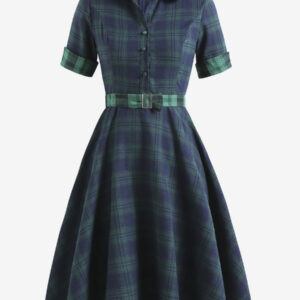 1950S Vintage Dress V Neck Turndown Collar Buttons Stretch Short Sleeves Knee Length Plaid Pattern Swing Dress