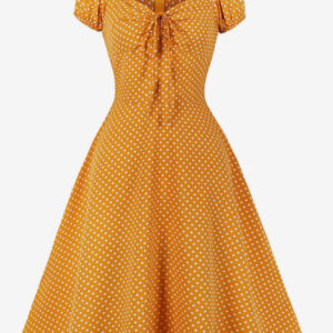 1950s Audrey Hepburn Style Retro Dress V-Neck Knotted Short Sleeves Polka Dot Midi Swing Dress