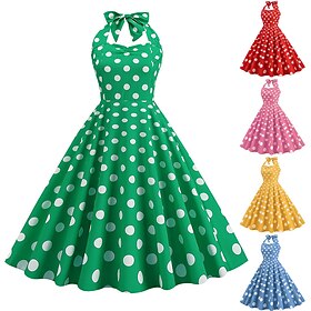 1950s Open Back Cocktail Dress Vintage Dress Dress JSK / Jumper Skirt A-Line Dress Flare Dress Midi Women's Flounced Polka Dot Round Dots Printing Ball Gown Ha