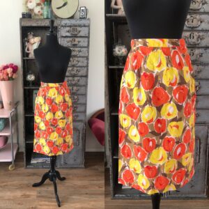 1950's Yellow & Orange Tulip Print Cotton Skirt Xs