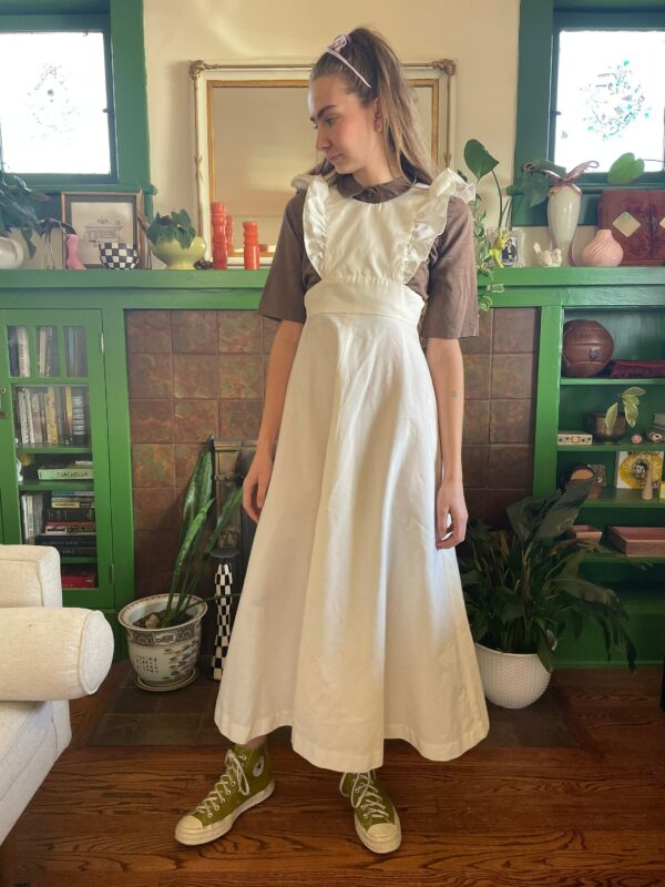 1960S Cream Pinafore Maxi Dress With Ruffles Size Xxs