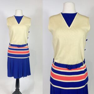 1960S Mod Wool Striped Shirt & Pleated Skirt Set