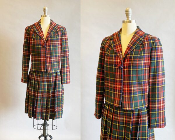 1960S Plaid Suit/Wool Tartan Pleated Skirt & Jacket Woman's Size Small