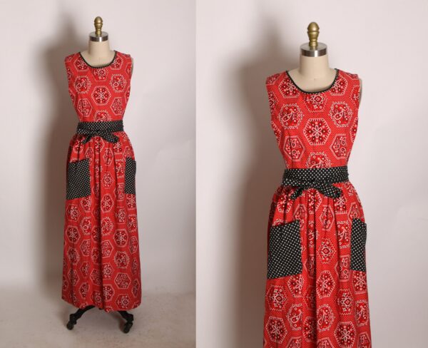 1960S Red & Navy Blue Bandana Sleeveless Pinafore Wrap Dress By Design House -S