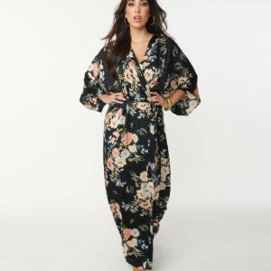 1970S Black & Blue Floral Maxi Wrap Dress