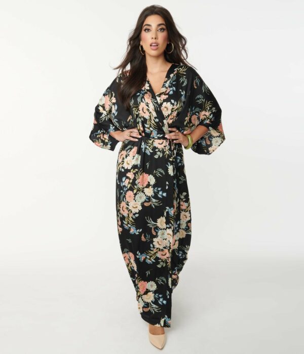 1970S Black & Blue Floral Maxi Wrap Dress