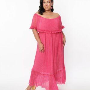 1970S Fuchsia Pleated Chiffon Maxi Dress