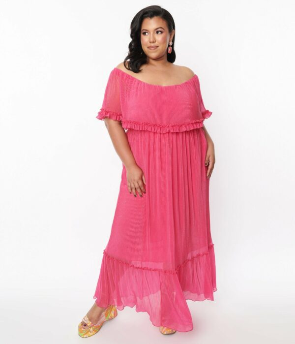 1970S Fuchsia Pleated Chiffon Maxi Dress