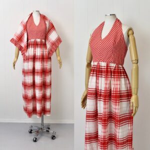 1970S Gingham Plaid Red & White Halter Dress With Matching Wrap Shawl