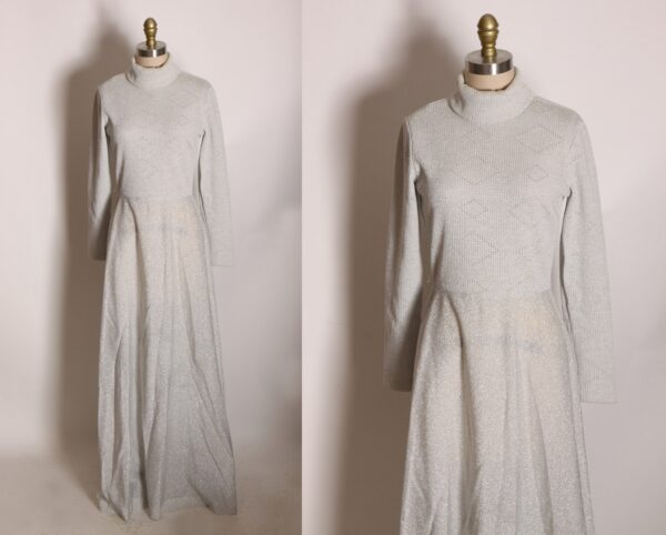 1970S Long Sleeve Turtleneck Full Length Silver Lurex Sweater Dress By Joseph Magnin -S