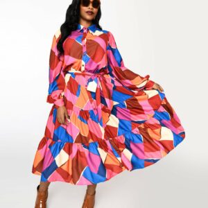 1970S Multicolor Geometric Tiered Maxi Shirt Dress