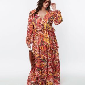 1970S Orange & Multicolor Leaf Maxi Dress