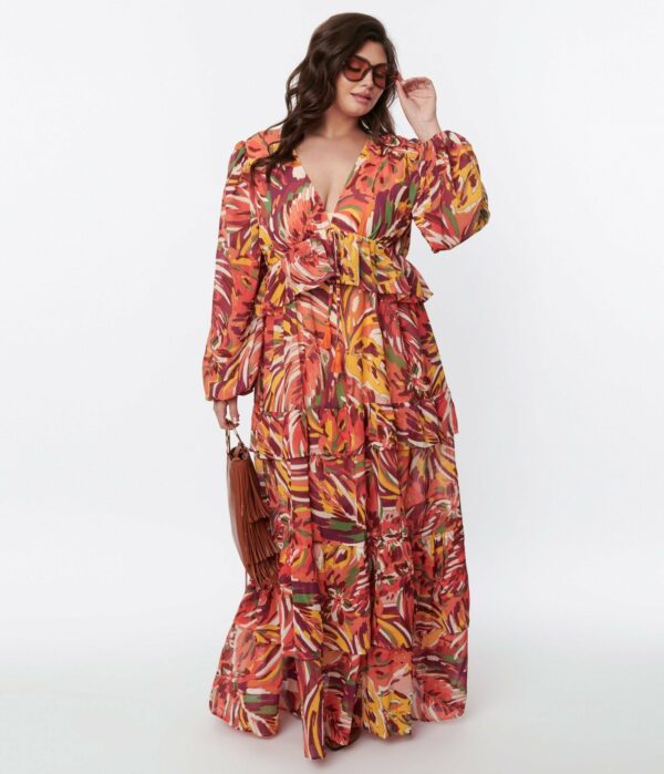 1970S Orange & Multicolor Leaf Maxi Dress