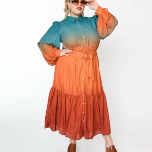 1970S Teal & Rust Gradient Maxi Shirt Dress