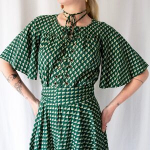 1970S Ted Lapidus Green Floral Cotton Laced Eyelet Midi Dress With Flutter Sleeve // Vintage 70S Peasant Bohemian Full Skirt Belted