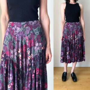 1970S Vintage Neiman Marcus Dark Floral Midi Length Skirt 70S Ultra High Waist Gathered Panel Xs 24 W