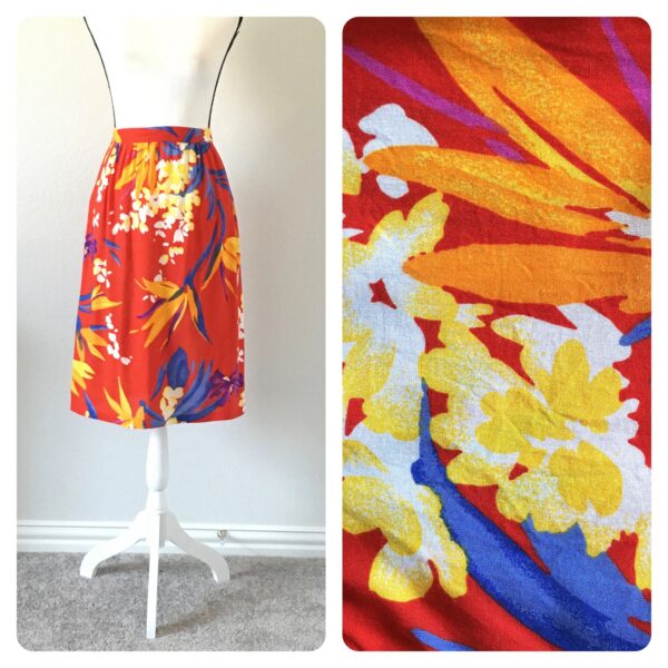 1980S Bright Floral Skirt, Vintage Red Midi Skirt