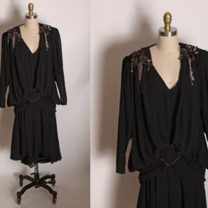 1980S Does 1920S Drop Waist Flapper Style Beaded Flowers Shoulder Detail Black Dress By Casadei -S