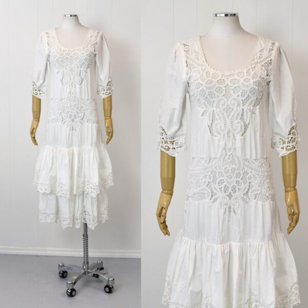 1980S Does 1920S White Tatted Lace Embroidered Flapper Style Drop Waist Bridal Wedding Lawn Dress