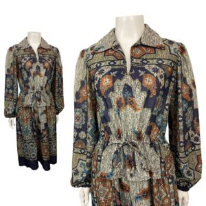 1980S Geometric Print Peplum Tie Waist Shirt Dress/Women's Medium