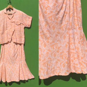 1980S Pale Orange Top & Skirt Set Abstract Print Rayon 2 Piece Sz Small Medium Asymmetrical Shirt Fishtail Mermaid