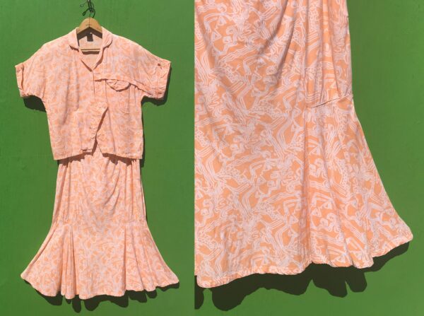 1980S Pale Orange Top & Skirt Set Abstract Print Rayon 2 Piece Sz Small Medium Asymmetrical Shirt Fishtail Mermaid