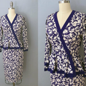 1980S Silk Floral Blouse + Skirt Dress 2 Piece | Size Xs Maggy London Peplum 80S Does 40S Style