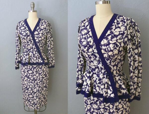 1980S Silk Floral Blouse + Skirt Dress 2 Piece | Size Xs Maggy London Peplum 80S Does 40S Style