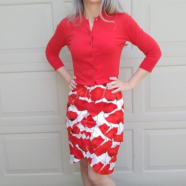 1980S Silk Tulip Skirt Poppy Floral Print Pencil S | J7