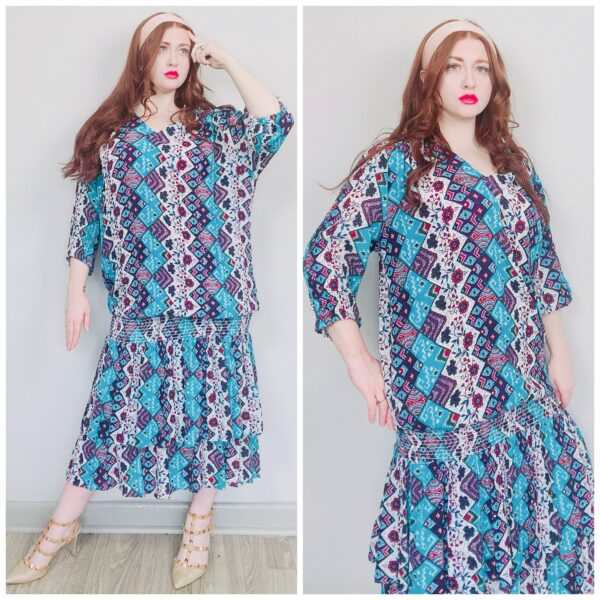 1980S Vintage Sharon Anthony Blue Southwest Print Dress/80S Rayon Drop Waist Smocked Flapper Gown Size Large - Xl