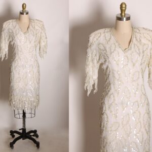 1980S White Short Sleeve Flame Fringes Sequin Beaded Flapper Style Dress By Carina -S