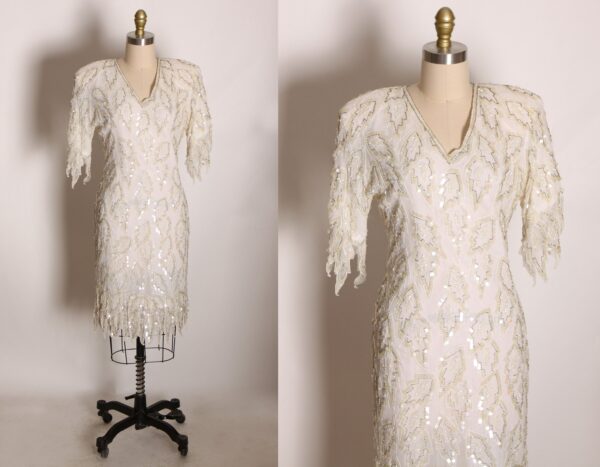 1980S White Short Sleeve Flame Fringes Sequin Beaded Flapper Style Dress By Carina -S