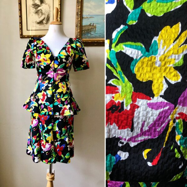 1980's Lawrence Floral Skirt & Peplum Short Sleeve Blazer Ensemble Set