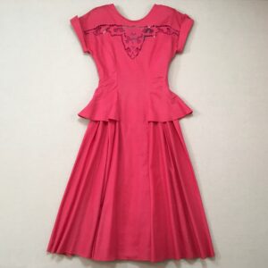 1980's, Ramie/Cotton Blend, Cuffed Cap Sleeve, Peplum Waist, Flare Skirt Dress, With Floral Doilie Chest Cut Outs, in Hot Bubblegum Pink