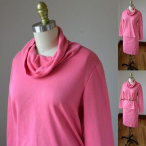 1980's Two Piece Bubble Gum Pink Skirt Set Size Xs, Vintage Cowl Neck Long Sleeve Shirt & Xs