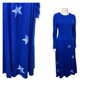 1990S Blue Star Long Shirt Dress/Hand Painted Sweater Sleeve Women's Small