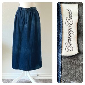 1990S Dark Wash Denim Skirt, Vintage Midi Length Jean Skirt