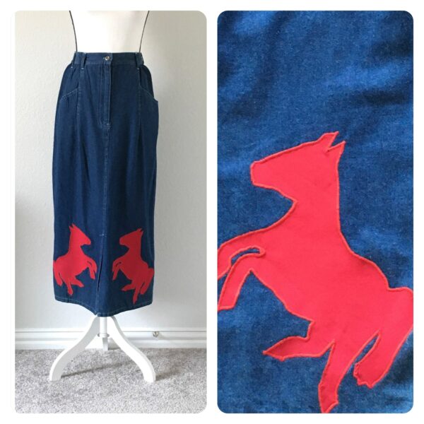 1990S Denim Skirt With Horses, Vintage Midi Jean